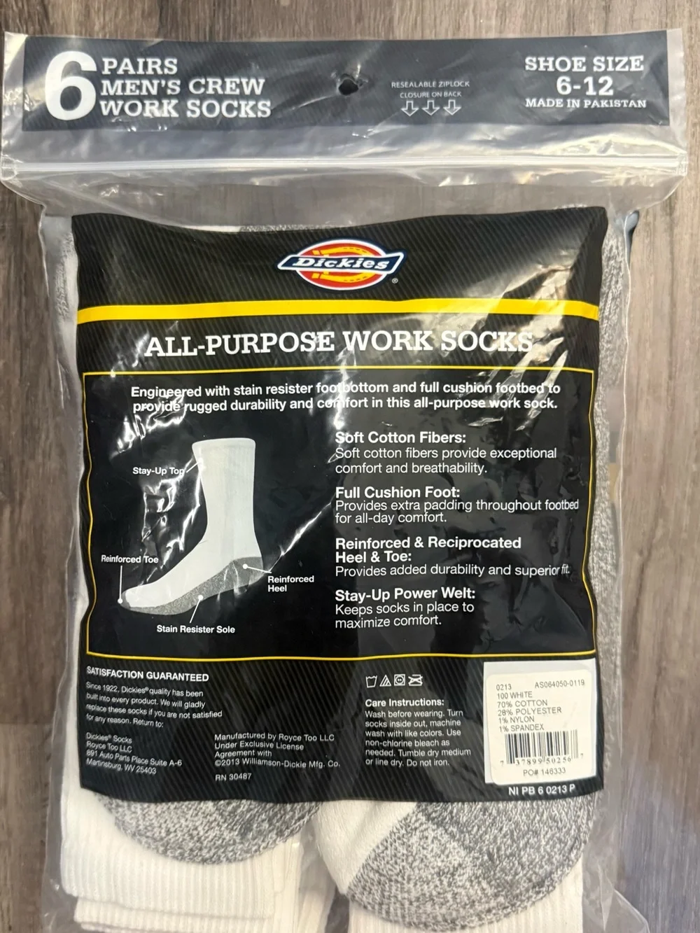Dickies Men's All Purpose Crew Work Socks 6 Pairs White Size 6-12 NIP